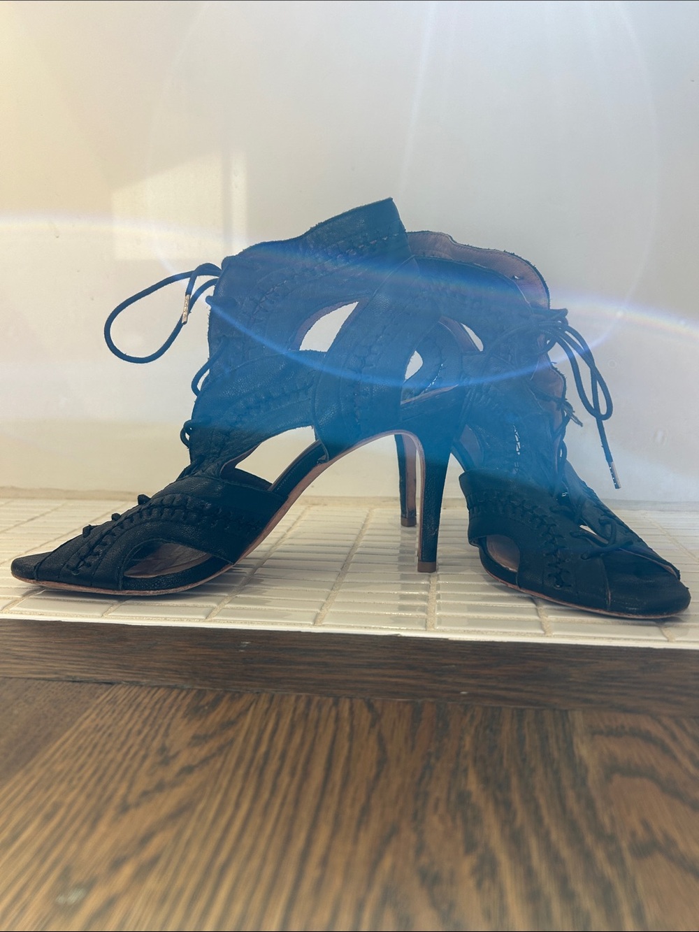 Black Lace-Up Cutout Stiletto Heels